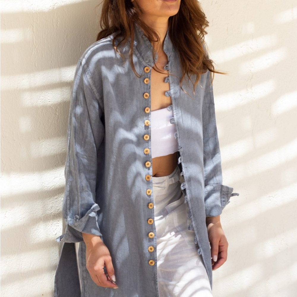 100% Linen Blue Shirt, X/XL